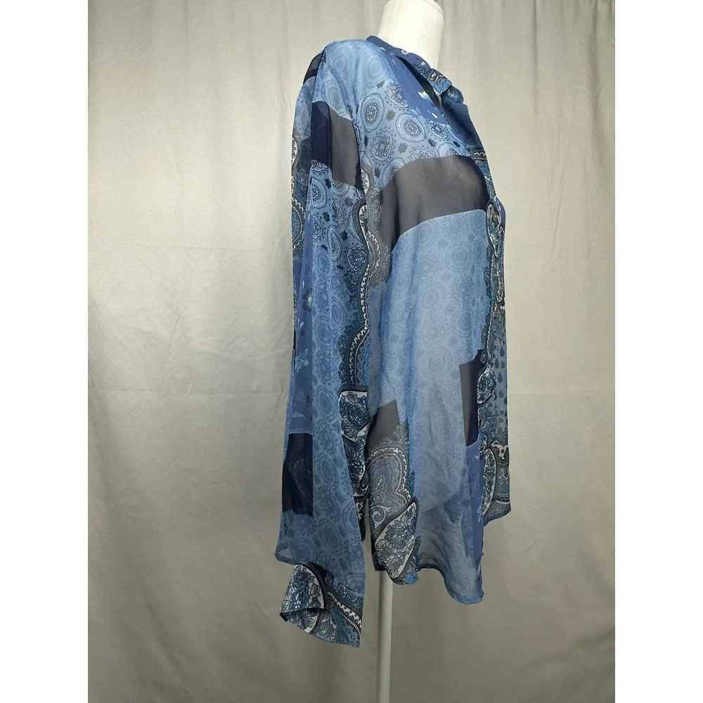 Impressions Blue Paisley Sheer Button Down Shirt Womens Large Long Sleeve Floral - Picture 7 of 8